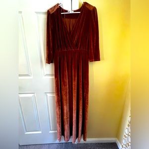 Burnt Orange Crushed Velvet/ Velour 3/4th Sleeve Long Maxi Dress Size Large